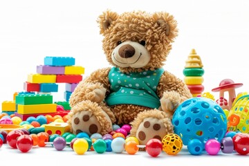 Teddy bear in green with colorful children's toys, blocks, beads, metal ball toy, and blue top hat on a white background, styled like a children's book illustration.