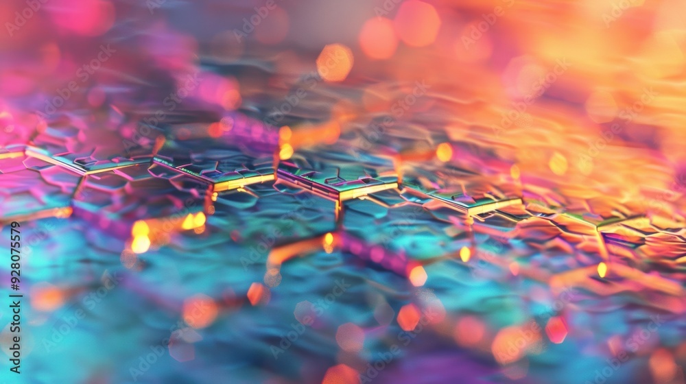 Poster a vibrant hexagonal pattern displays intricate interconnected designs with vivid colors creating a v