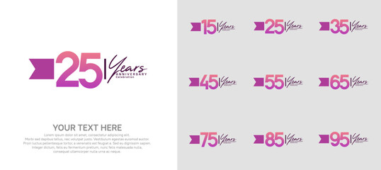 anniversary logotype set. purple number and ribbon for celebration