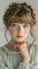 Pensive Young Girl with Striking Blue Eyes and Curly Hair in Elegant Pose