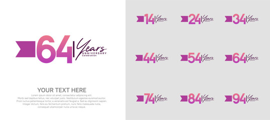 anniversary logotype set. purple number and ribbon for celebration