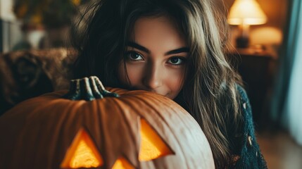 Happy woman and Halloween pumpkin