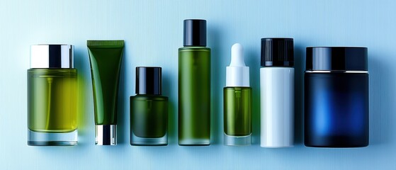 A collection of green and blue cosmetic bottles and jars arranged elegantly on a blue background, showcasing beauty products.