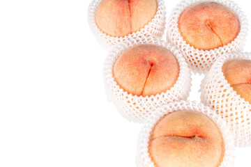 Fresh peaches are wrapped in a fruit packaging net. transparent background
