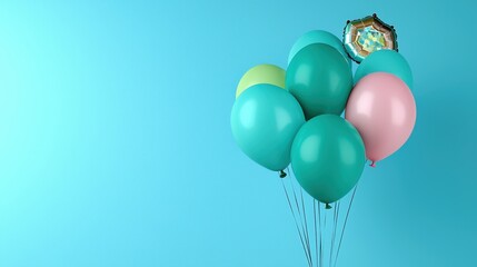 A vibrant arrangement of colorful balloons against a turquoise background, perfect for celebrations and festive occasions.