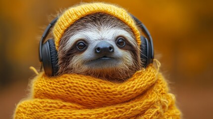 Fototapeta premium Sloth in Yellow Knit Hat and Scarf Listening to Music