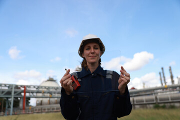 A female project engineer is holding a clear screen for infographic purposes, with space for adding...