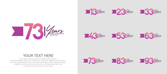 anniversary logotype set. purple number and ribbon for celebration