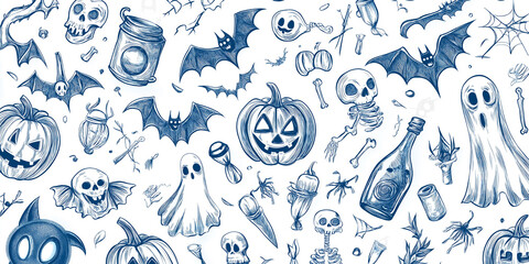 Fototapeta premium Seamless pattern with hand drawn halloween decorations creating a scary atmosphere
