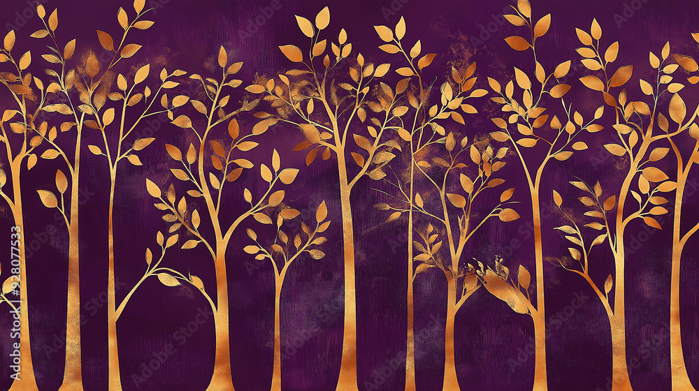Poster golden trees creating a luxurious and elegant forest on purple background