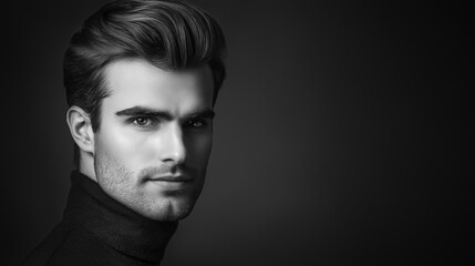 Handsome male model posing with neutral expression on dark background