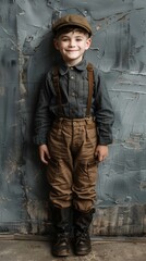 Fototapeta premium Vintage Inspired Portrait of a Smiling Young Boy in Casual Outdoor Attire