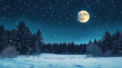 Fototapeta premium Winter Night with Full Moon and Stars