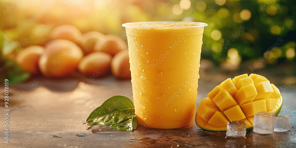 Poster cold mango smoothie surrounded by fresh mango cubes and ice cubes
