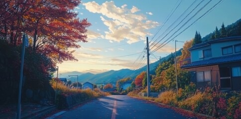 Naklejka premium Autumnal Nostalgia in Kochi: Anime-Style Depiction of Youthful Love Stories Embracing the Rustic Charm of Fall Season,anime-style,illustration,Picture BooksFor Poster,Novel,UI,WEB,Game,Design
