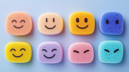 Fototapeta premium Colorful sponges with smiley faces expressing different emotions on blue background