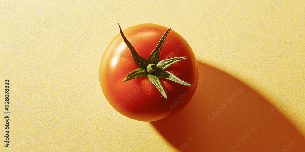 Poster one ripe red tomato casting a shadow on yellow background