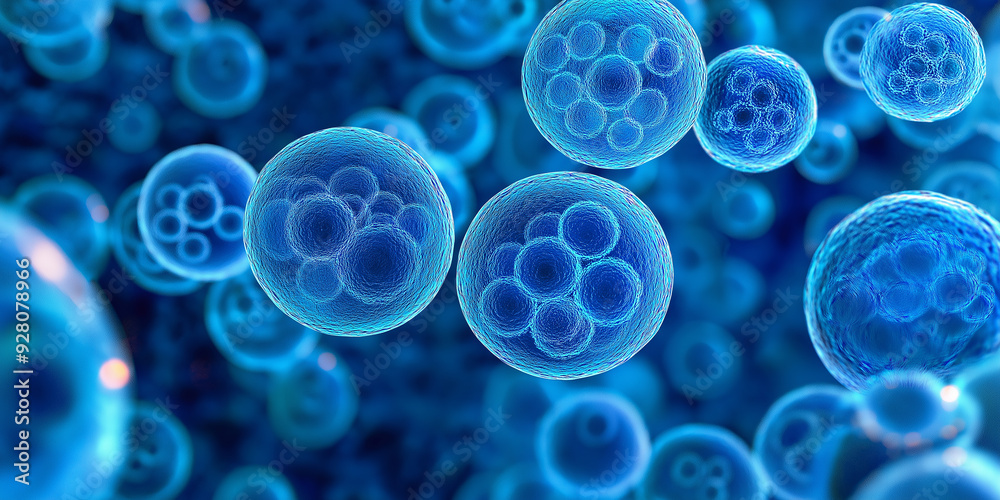 Poster blue cells floating in an organic motion evoking biological processes