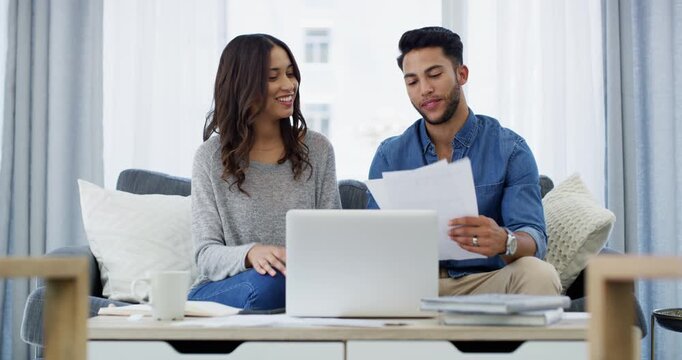 Happy, documents and couple reading, talking and smile for good policy info, insurance or finance receipt. Home, loan success and people check tax break, income invoice and done with bills payment
