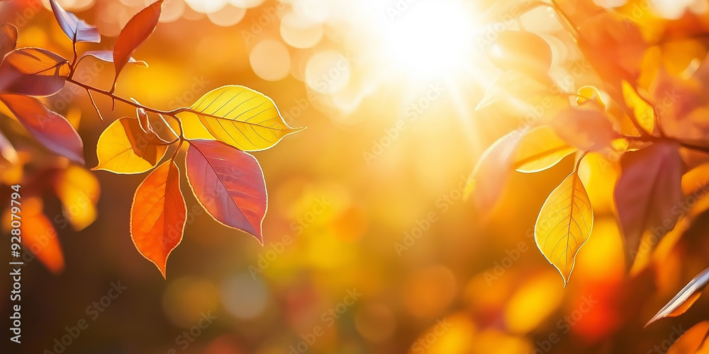 Poster Sunlight shining through colorful autumn leaves on branch