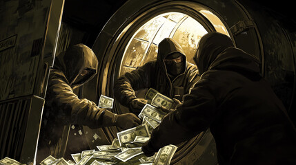 Bank robbers stealing money from bank vault