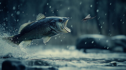 Largemouth bass jumping out of water catching fly fishing lure