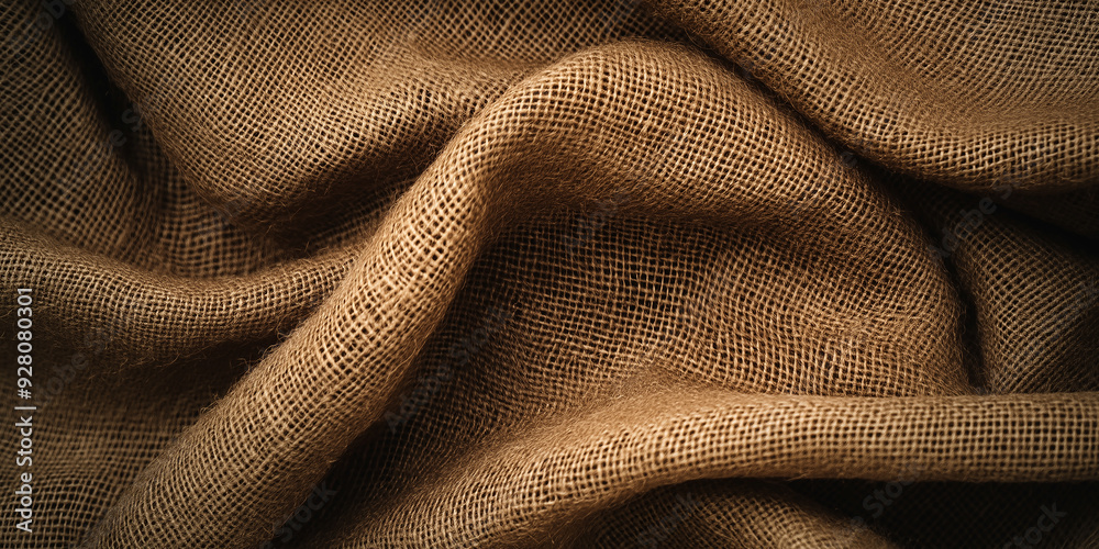 Poster Brown crumpled burlap texture background with folds forming an abstract pattern
