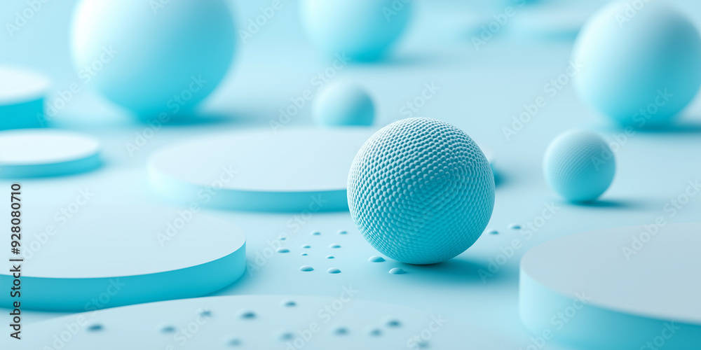 Poster blue textured sphere rolling between geometric shapes minimalist abstract background
