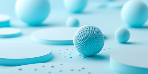 Blue textured sphere rolling between geometric shapes minimalist abstract background