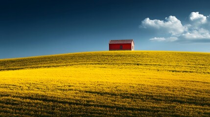 Bright Red and Yellow Fields with a Small House on a Hill