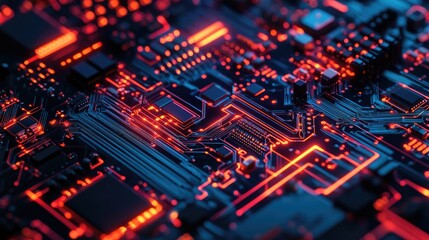 Obraz premium Close-up of an illuminated circuit board with red glowing lines, showcasing intricate electronic components and complex pathways.