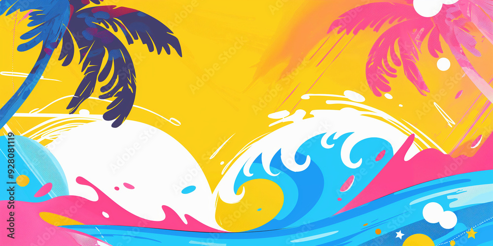 Poster Abstract summer background with palm trees and ocean waves