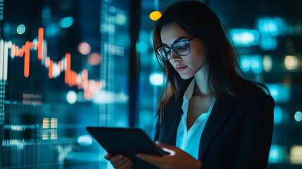 Businesswoman checking market trends on a tablet.