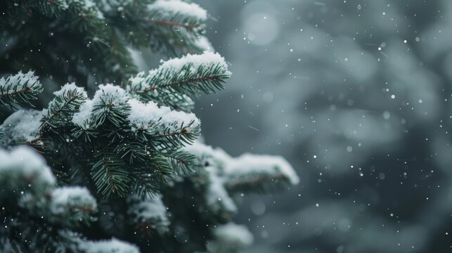 Close-up of pine branches covered in fresh snow, creating a serene and tranquil winter scene with falling snowflakes.
