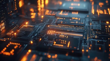 Fototapeta premium Close-up of glowing orange lights on a black circuit board.