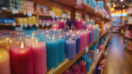 Obraz premium Rows of colorful candles lit in a cozy store, creating a warm and inviting atmosphere with a variety of scents.