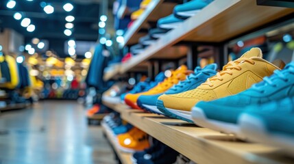 A variety of colorful sneakers neatly displayed on shelves in a modern store, highlighting contemporary fashion and style.