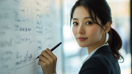 Japanese businesswoman writing on a whiteboard
