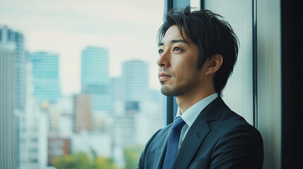 Fototapeta premium Japanese professional looking out the window thoughtfully