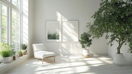 Fototapeta premium Minimalist Sunlit Living Room with Green Plants and Cozy Seating