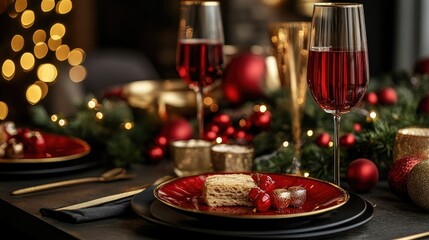 Elegant Christmas Dinner Table Setting with Festive Decorations and Red Wine