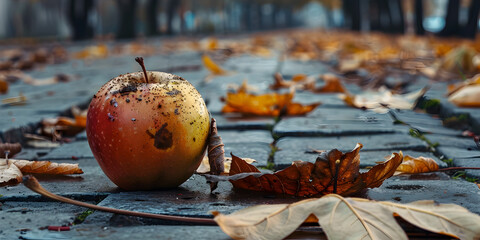 autumn leaves on the ground with apple