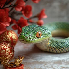Obraz premium Green Snake with Colorful Scales and Red Flowers in Festive Setting