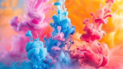 Fototapeta premium Bright swirls of pink, blue, and yellow ink mixing together underwater, forming an intricate and colorful abstract pattern.