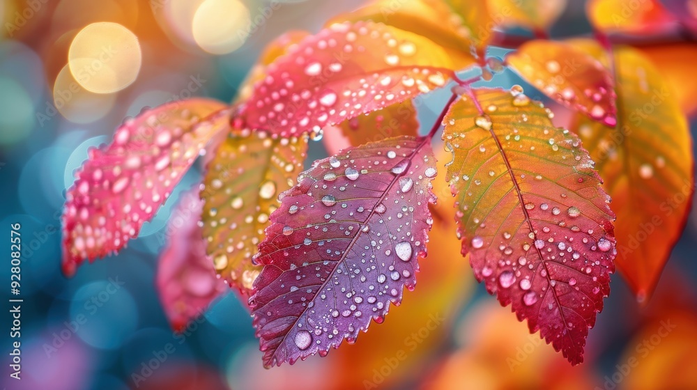 Canvas Prints Close-up of vibrant autumn leaves with water droplets, showcasing the beauty of nature in colorful, detailed clarity.