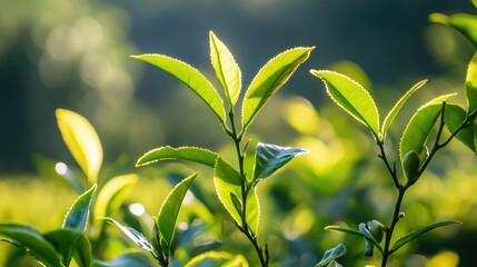 Close-up of green tea leaves with a blurred background.