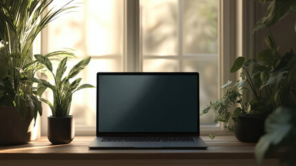 Laptop on Wooden Desk with Indoor Plants by Sunlit Window - Modern Workspace Concept