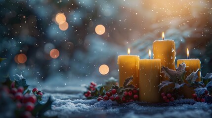 Lit candles surrounded by holly and berries in a snowy winter setting, creating a festive and cozy holiday atmosphere. - Powered by Adobe