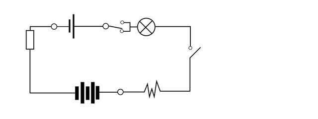 Naklejka premium Vector black line electrical diagram with lamp resistance switch and battery cell isolate on white background