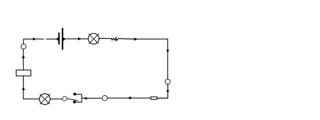 Vector black line electrical diagram with lamp resistance switch and battery cell isolate on white background